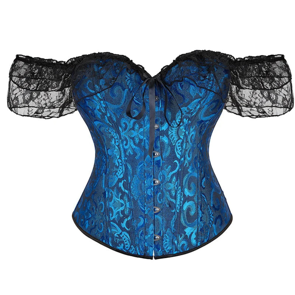 Brown Steampunk Corset With Front Busk Closure Floral Lace And Puff Sleeves - Dark Blue - M
