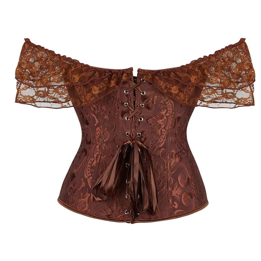 Brown Steampunk Corset With Front Busk Closure Floral Lace And Puff Sleeves - Dark Blue - M 4