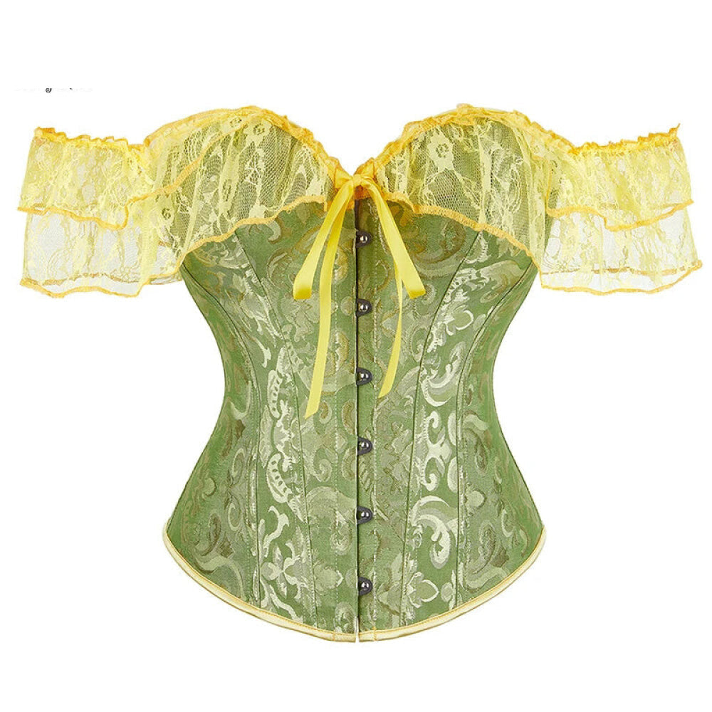 Brown Steampunk Corset With Front Busk Closure Floral Lace And Puff Sleeves - Green - 5Xl