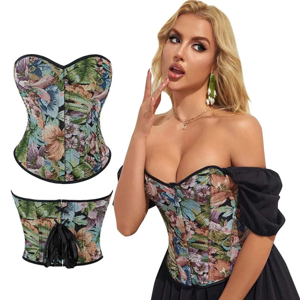 Floral Print Overbust Corset Monet Garden Style Lace Up Slimming Shapers - Xxl
