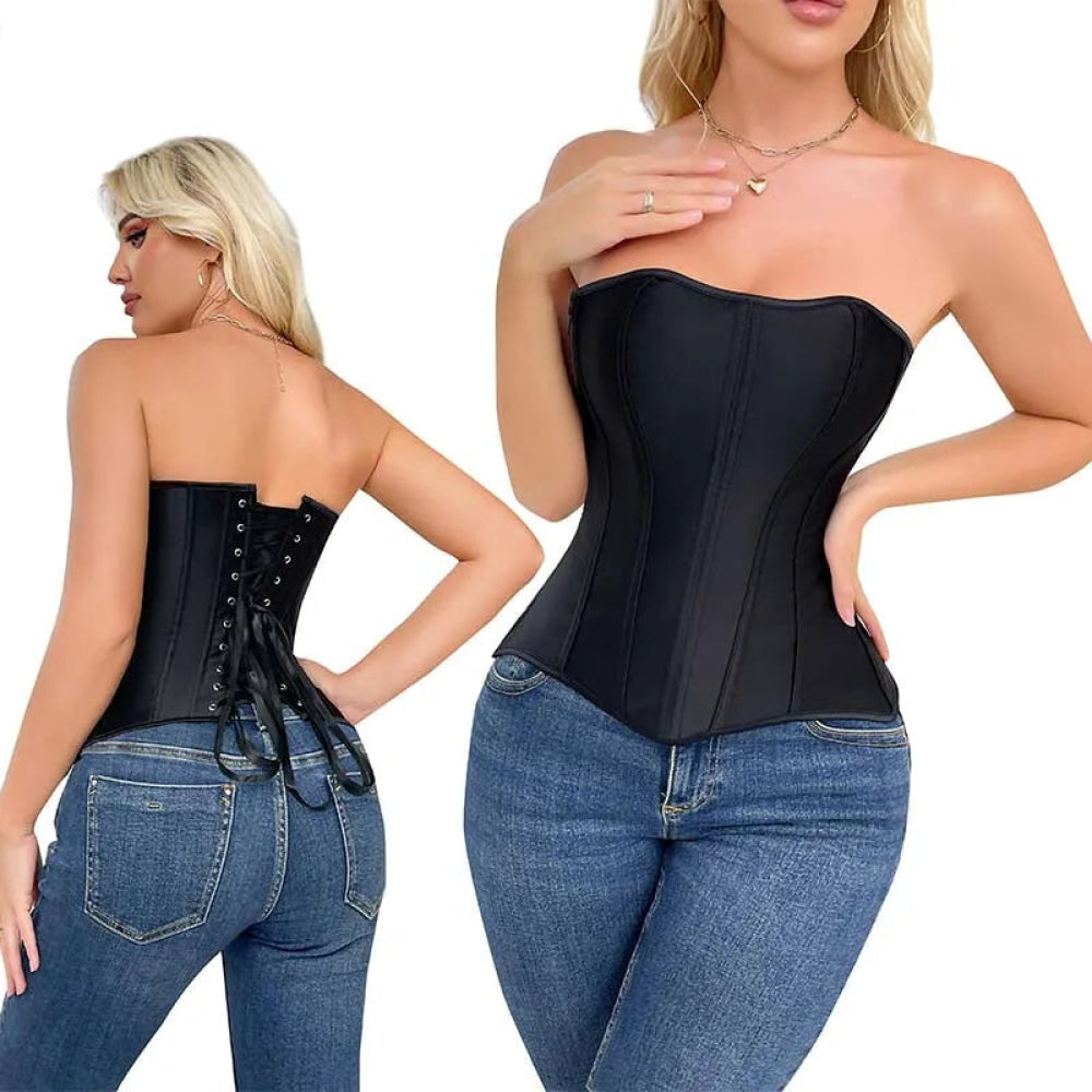 Fish Bone Supported Black White Bridal Bustier Corset Top Plus Size With Zip - Black - M 5