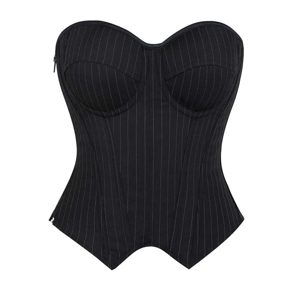 Push Up Pin Stripe Bustier Lace Up Boned Corset Top For Women - Black - S
