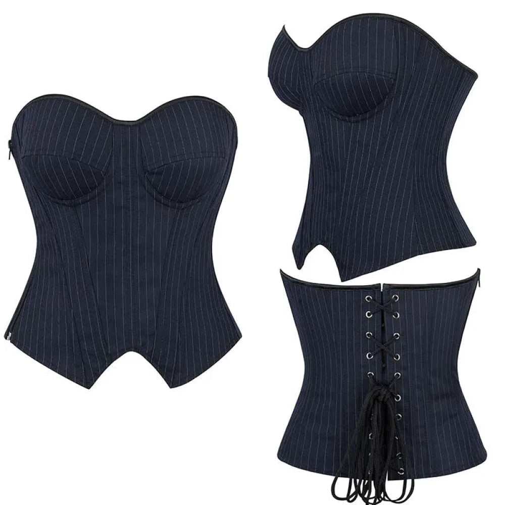 Push Up Pin Stripe Bustier Lace Up Boned Corset Top For Women - Navy Blue - M 4