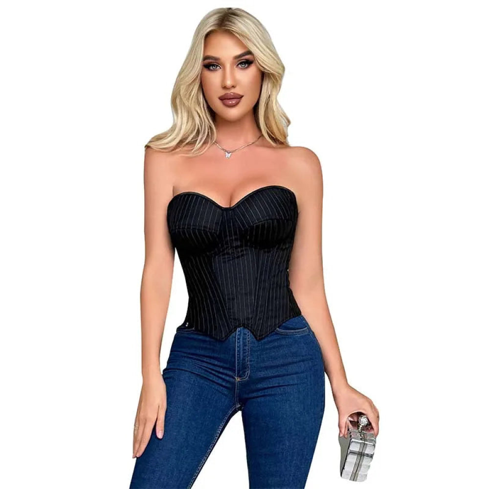 Push Up Pin Stripe Bustier Lace Up Boned Corset Top For Women - Navy Blue - M 5