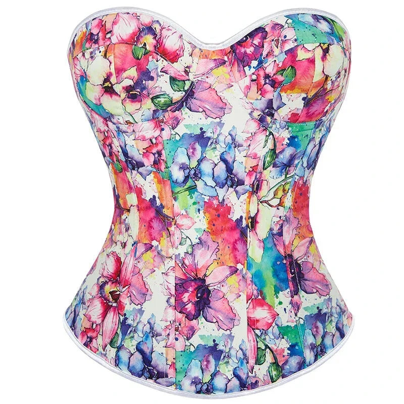 Floral Print Vintage Corselet Ultra-Lift Lace Up Boned Corset Bustier With Padded Bra - Xl
