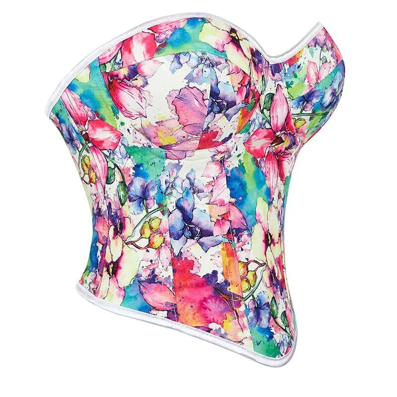 Floral Print Lace Bustier Plus Size S-Xxl Strapless Corset With Boning And Lace-Up Closure - S 4