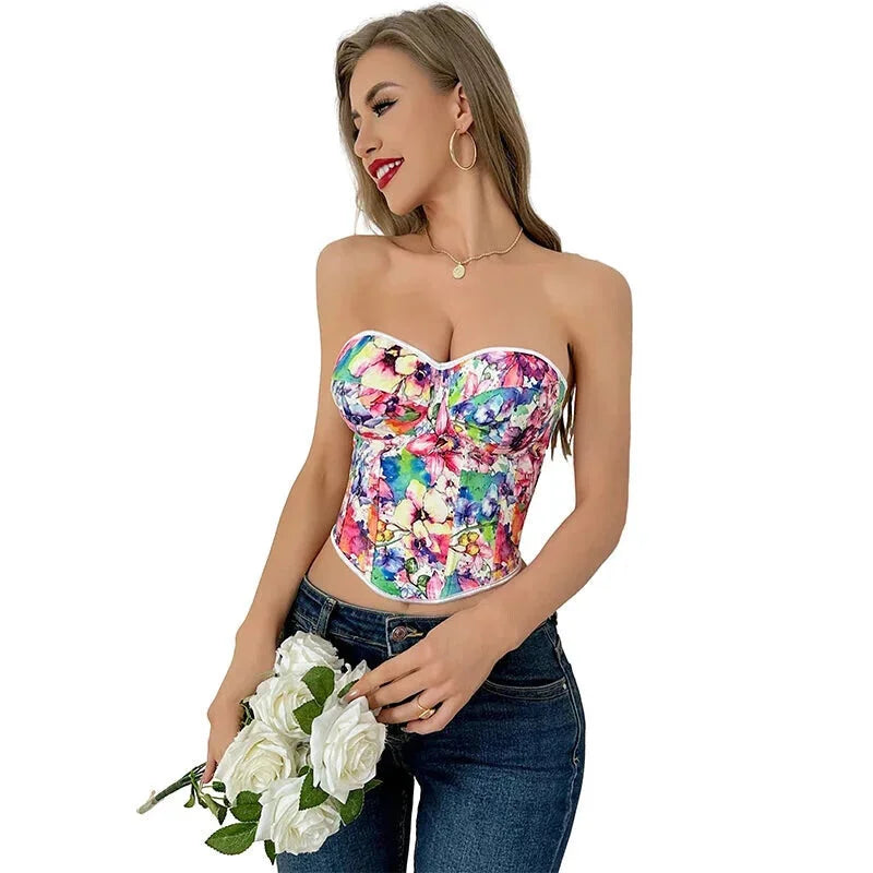 Floral Print Lace Bustier Plus Size S-Xxl Strapless Corset With Boning And Lace-Up Closure - S 6