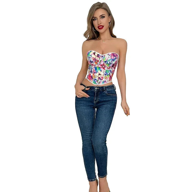Floral Print Lace Bustier Plus Size S-Xxl Strapless Corset With Boning And Lace-Up Closure - S 8