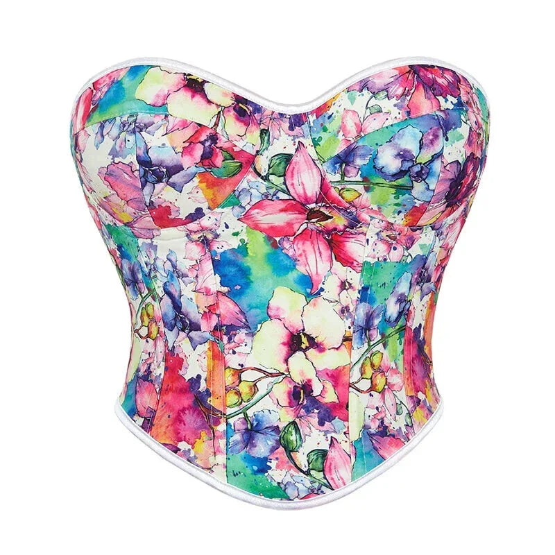 Floral Print Lace Bustier Plus Size S-Xxl Strapless Corset With Boning And Lace-Up Closure - Xxl
