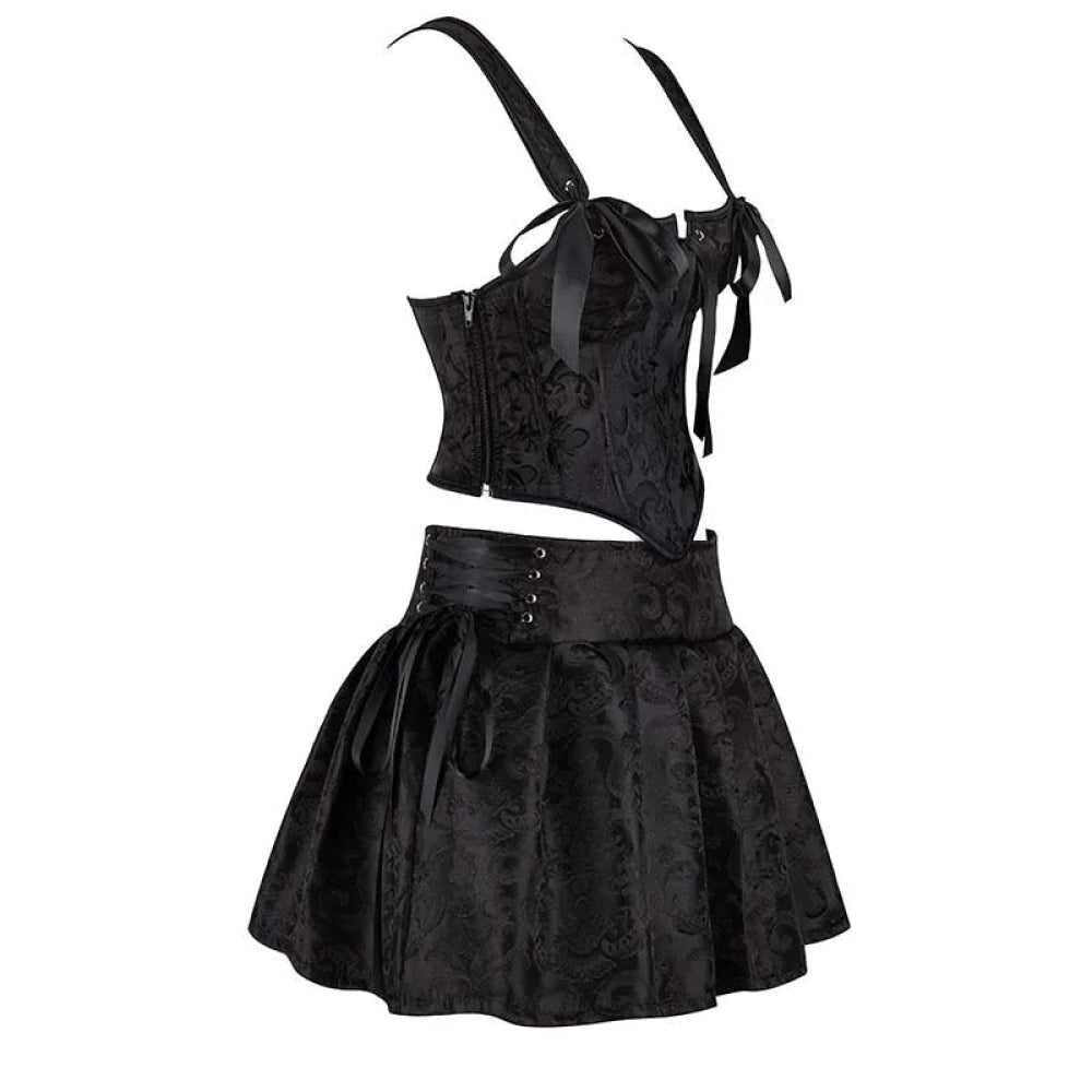 Floral Jacquard Lace-Up Boned Corset Dress With Fishbone Support And Gothic Crop Top Skirt Set - 6Xl 7