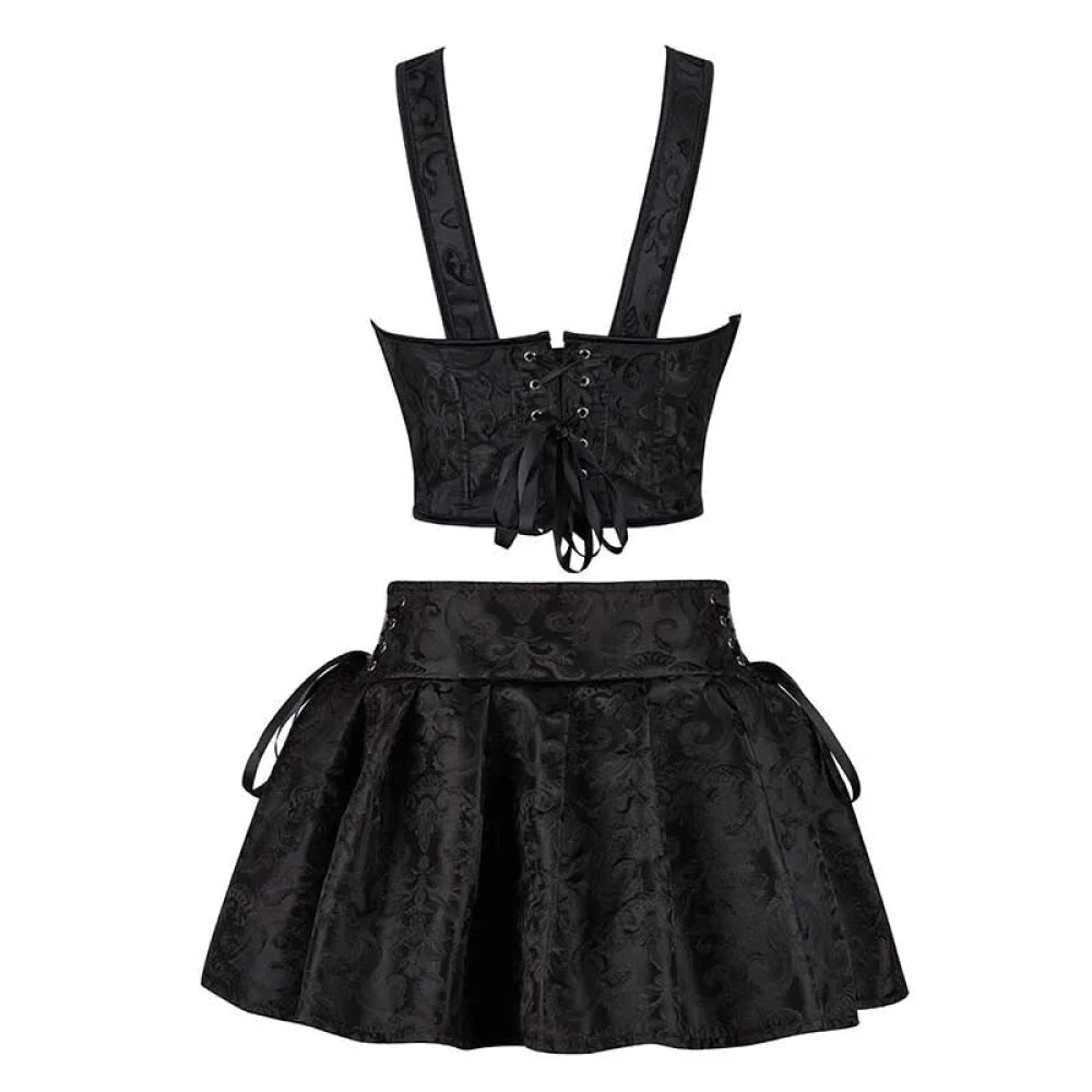 Floral Jacquard Lace-Up Boned Corset Dress With Fishbone Support And Gothic Crop Top Skirt Set - 5Xl 7