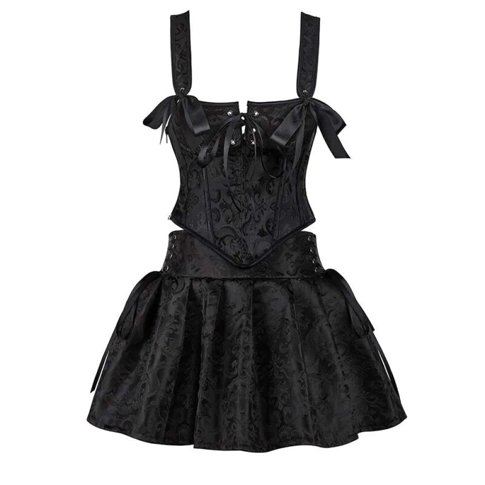 Floral Jacquard Lace-Up Boned Corset Dress With Fishbone Support And Gothic Crop Top Skirt Set - Xl