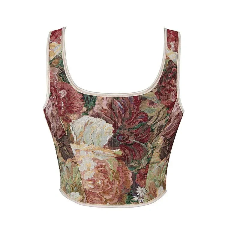 Floral Print Bowknot Tie Strap Sleeveless Vest Corset Bustier Plus Size S-Xxl - Xl 4