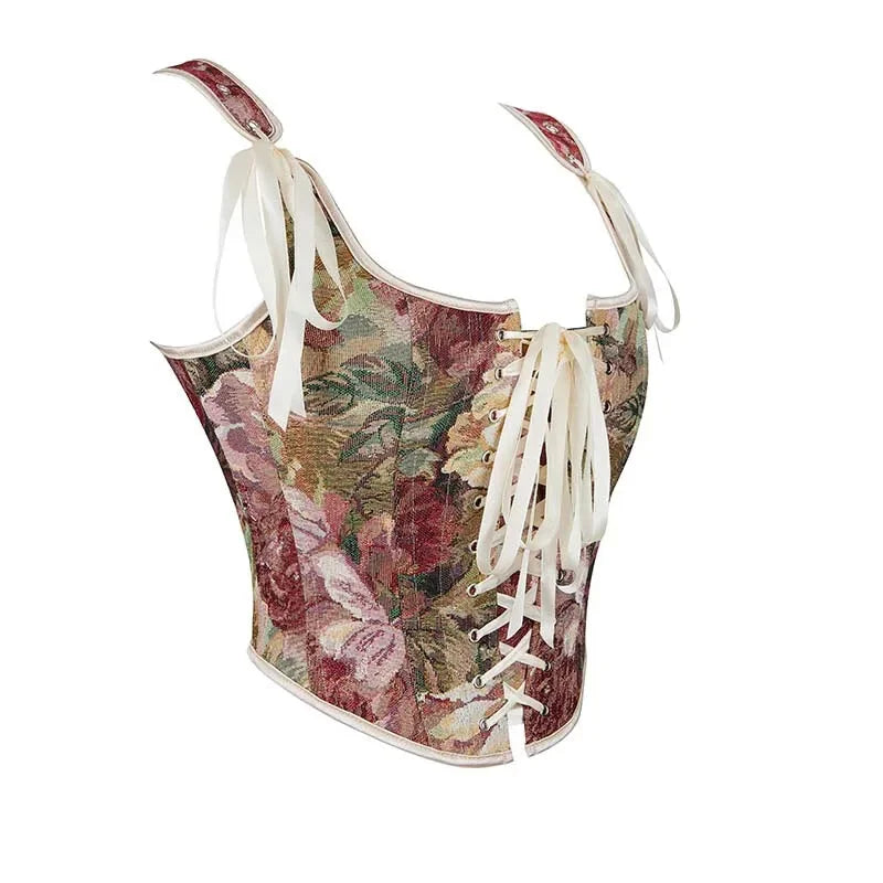 Floral Print Bowknot Tie Strap Sleeveless Vest Corset Bustier Plus Size S-Xxl - Xl 5