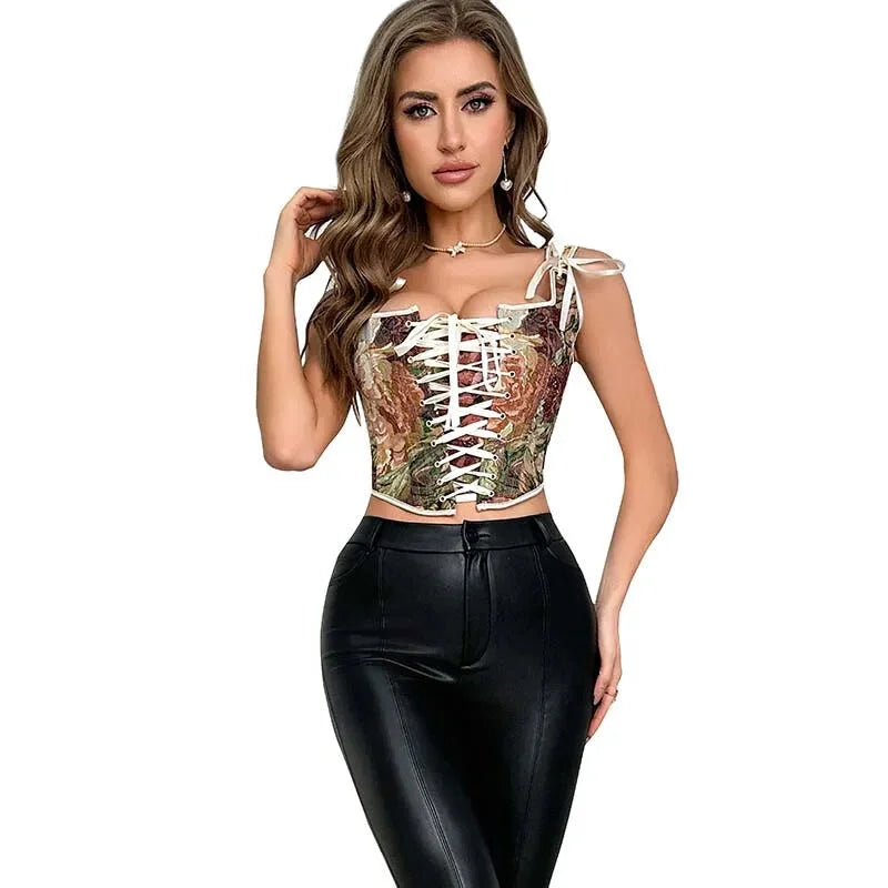 Floral Print Bowknot Tie Strap Sleeveless Vest Corset Bustier Plus Size S-Xxl - Xl 8
