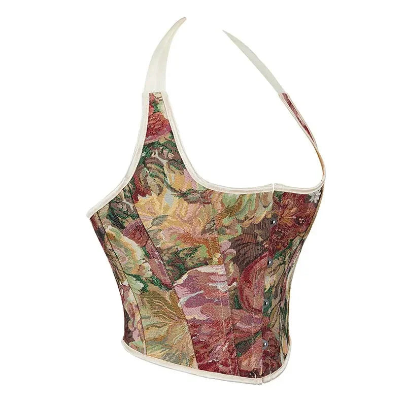 Retro Floral Print Halterneck Corset Top Front Busk Closure Plus Size Xs-Xxl - S 7