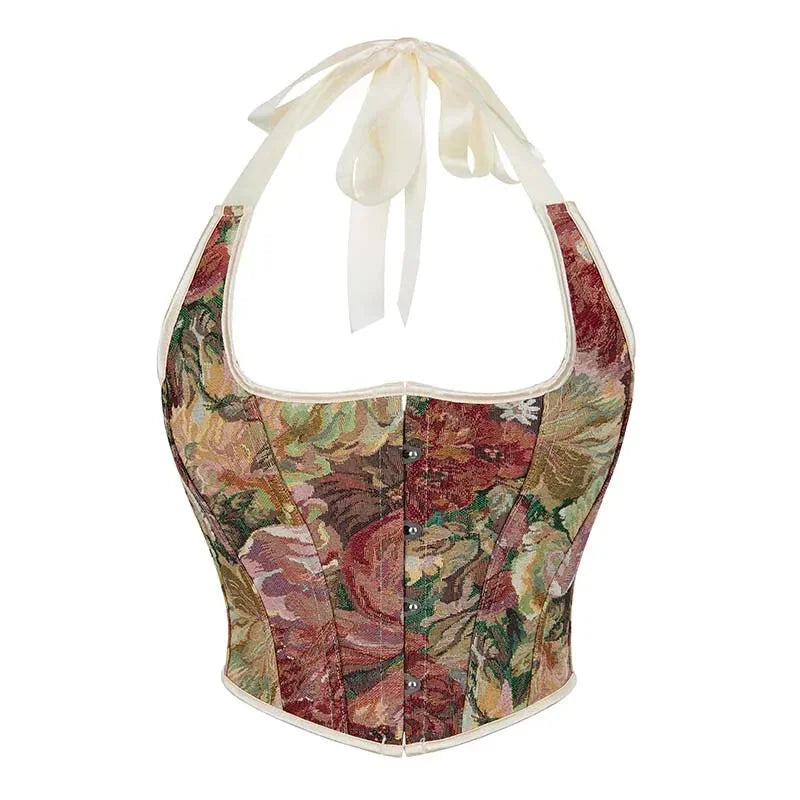 Retro Floral Print Halterneck Corset Top Front Busk Closure Plus Size Xs-Xxl - Xl