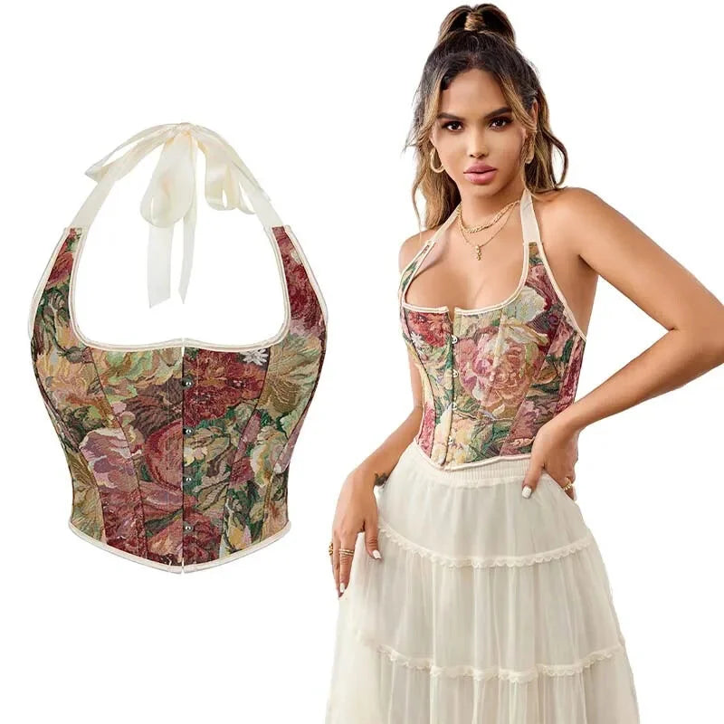 Retro Floral Print Halterneck Corset Top Front Busk Closure Plus Size Xs-Xxl - Xl
