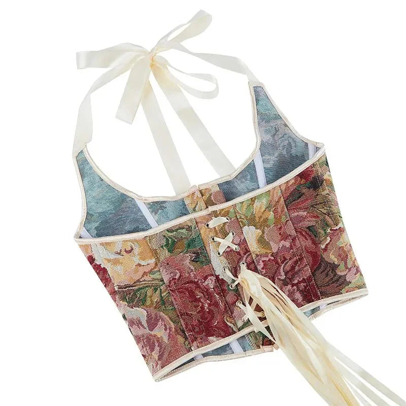 Retro Floral Print Halterneck Corset Top Front Busk Closure Plus Size Xs-Xxl - L 8