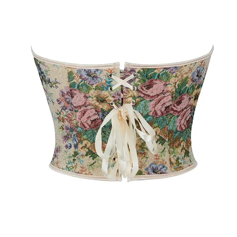 Floral Embroidered Plus Size Corset S-6Xl Strapless & Backless Lace Up 5 Brooches - Xxxl 4