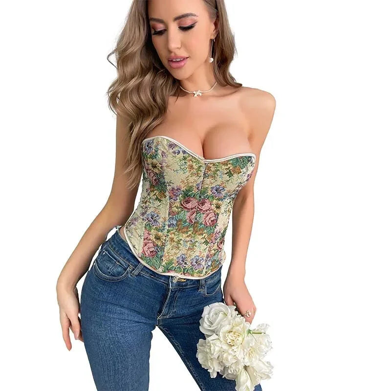 Floral Embroidered Plus Size Corset S-6Xl Strapless & Backless Lace Up 5 Brooches - Xxxl 6