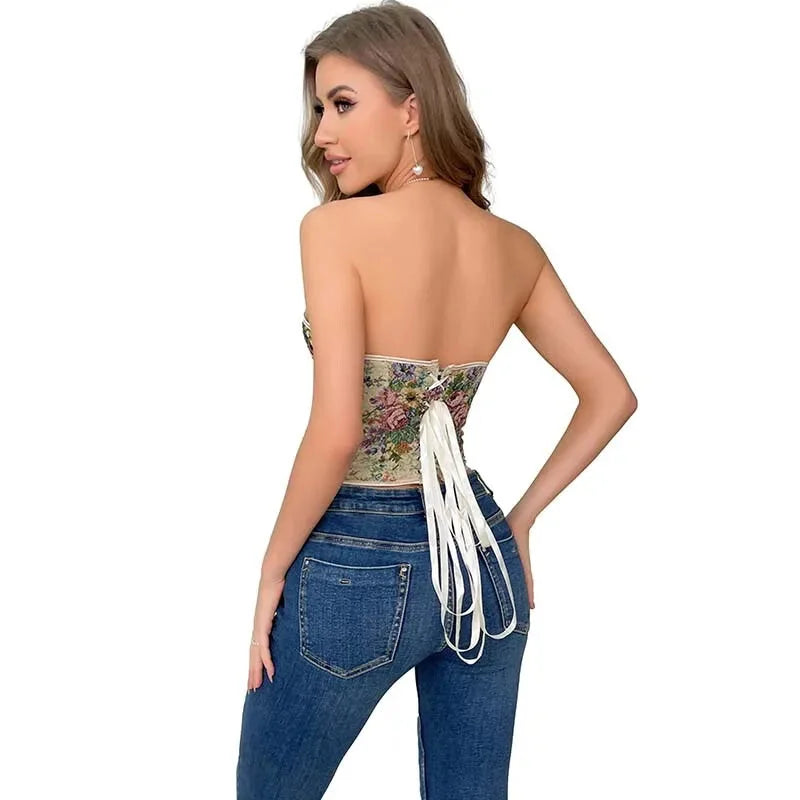 Floral Embroidered Plus Size Corset S-6Xl Strapless & Backless Lace Up 5 Brooches - Xxxl 8