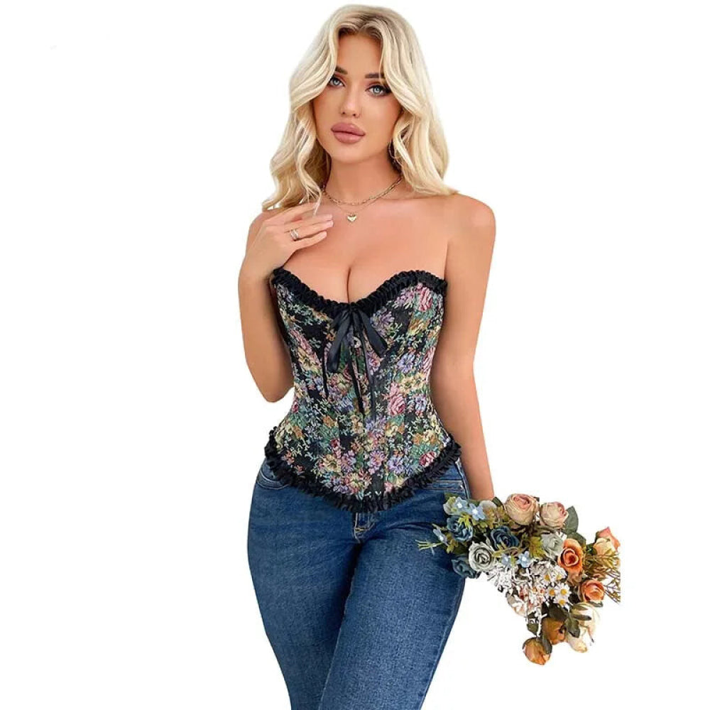 Rose Print Denim Jeans Corset Black Plus Size Burlesque Renaissance Vintage - Xs