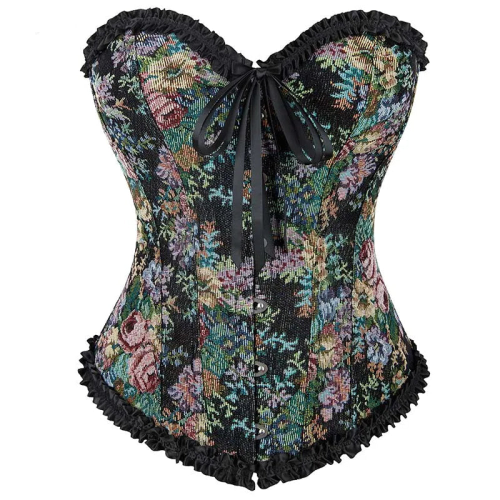 Rose Print Denim Jeans Corset Black Plus Size Burlesque Renaissance Vintage - L