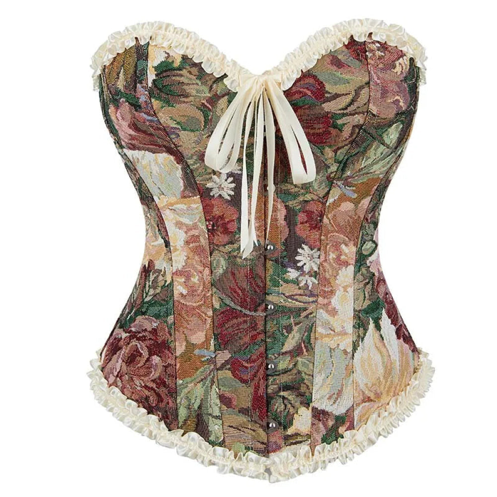 Floral Lace Trim Overbust Corset Women 1920S Retro Bustier With Boning And Front Busk Closure - 525 - S