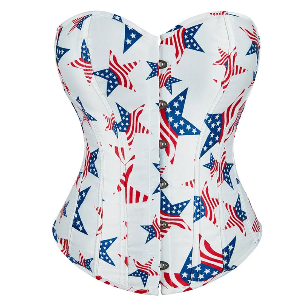 Vintage Gothic Fish Bones Lace Up Satin Overbust Corset White Usa Flag Design - L