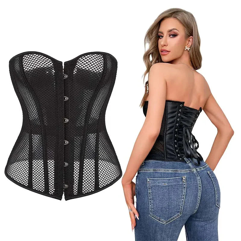 Transparent Gothic Corset With Thong Plus Size S-6Xl Mesh Net Lingerie Bustier - S