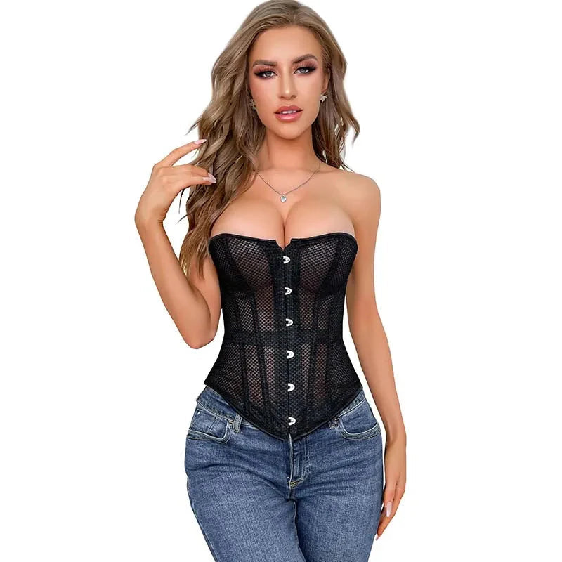 Transparent Gothic Corset With Thong Plus Size S-6Xl Mesh Net Lingerie Bustier - 5Xl 6