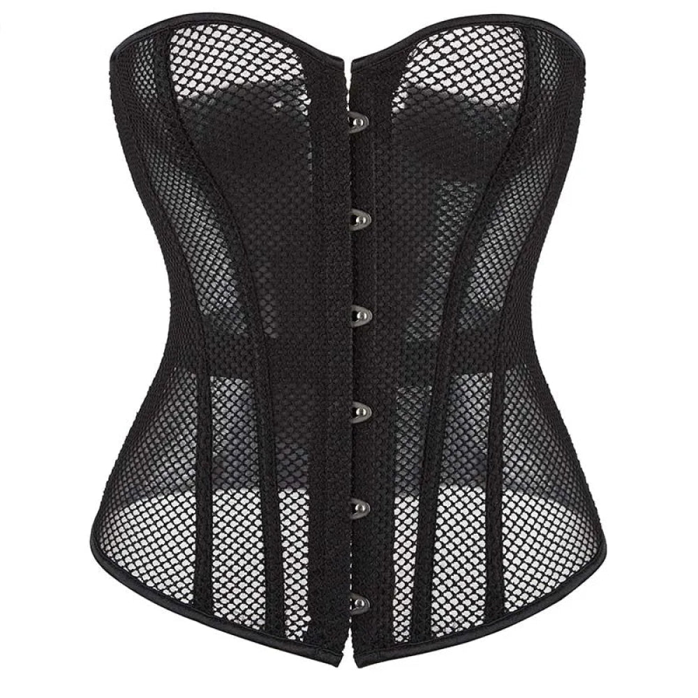 Fish Bone Gothic Mesh Net Patchwork Satin Overbust Corset Plus Size Xs-6Xl - Xxl