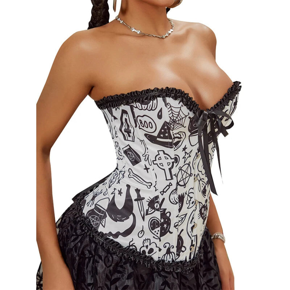 Print Gothic Corselet Ruffled Lace Trim Boned Corset Halloween Women Clothing - Xs 4