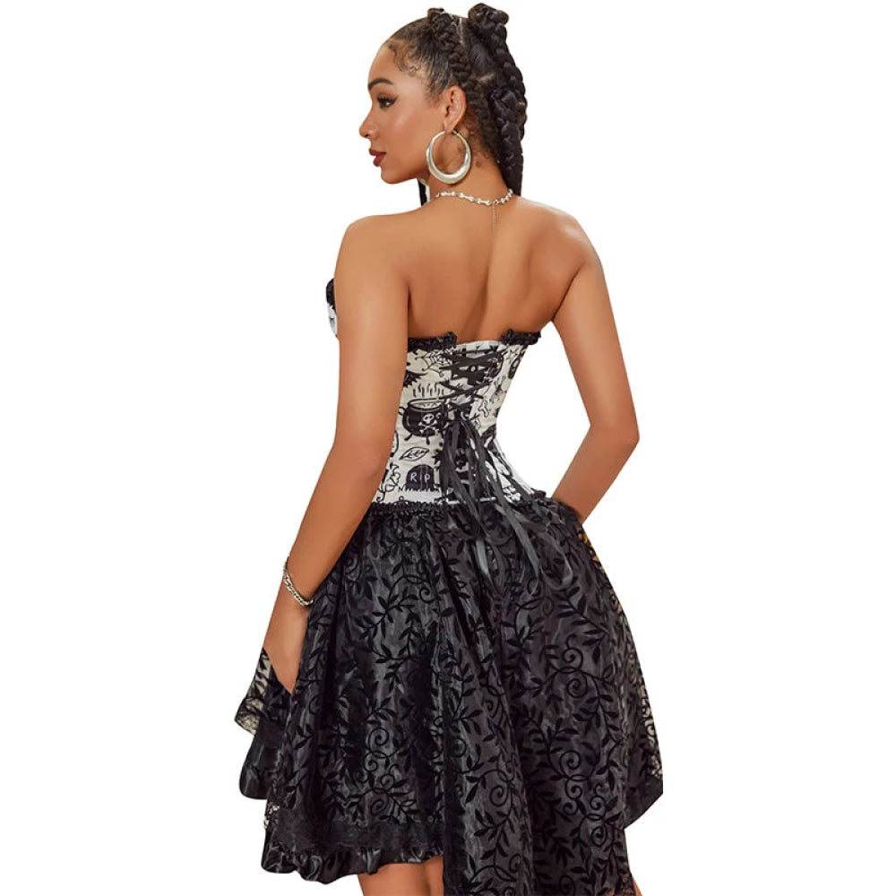 Print Gothic Corselet Ruffled Lace Trim Boned Corset Halloween Women Clothing - Xs 5