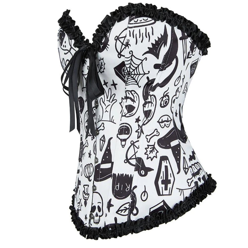 Print Gothic Corselet Ruffled Lace Trim Boned Corset Halloween Women Clothing - Xs 6