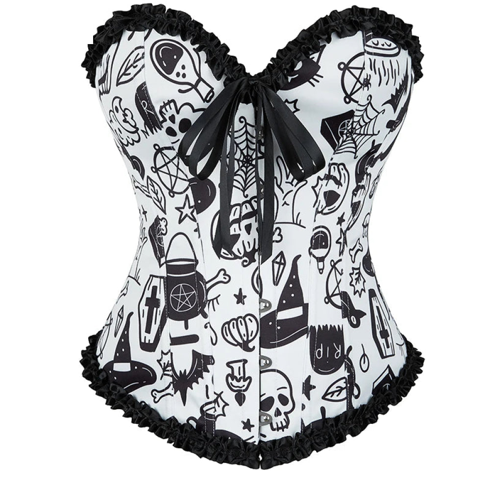 Print Gothic Corselet Ruffled Lace Trim Boned Corset Halloween Women Clothing - Xs 7