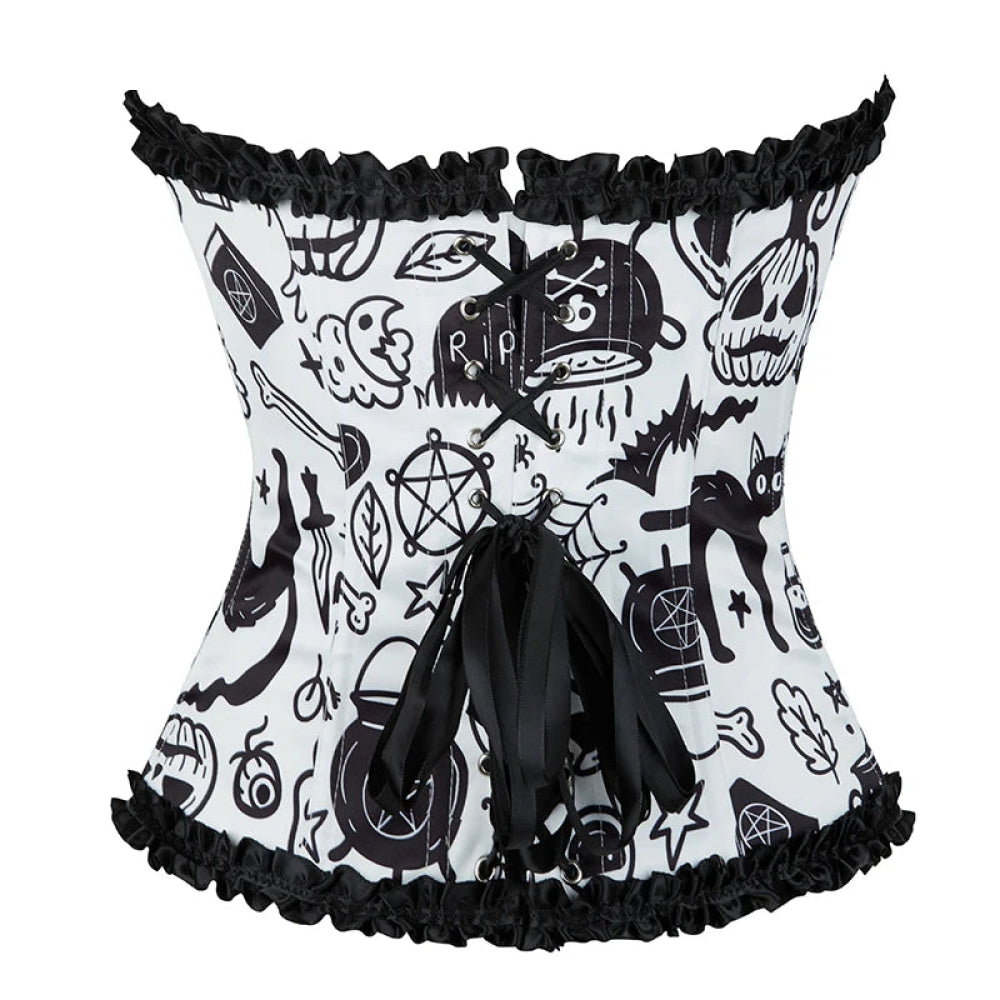 Print Gothic Corselet Ruffled Lace Trim Boned Corset Halloween Women Clothing - Xs 8
