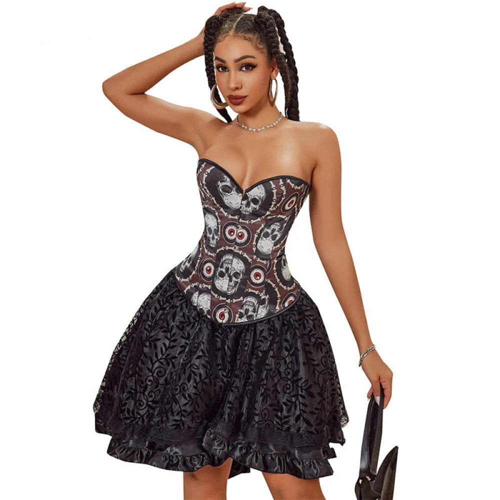 Skull Print Gothic Corset Front Busk Closure Lace Up Boned Plus Size Xs-Xl - S 4