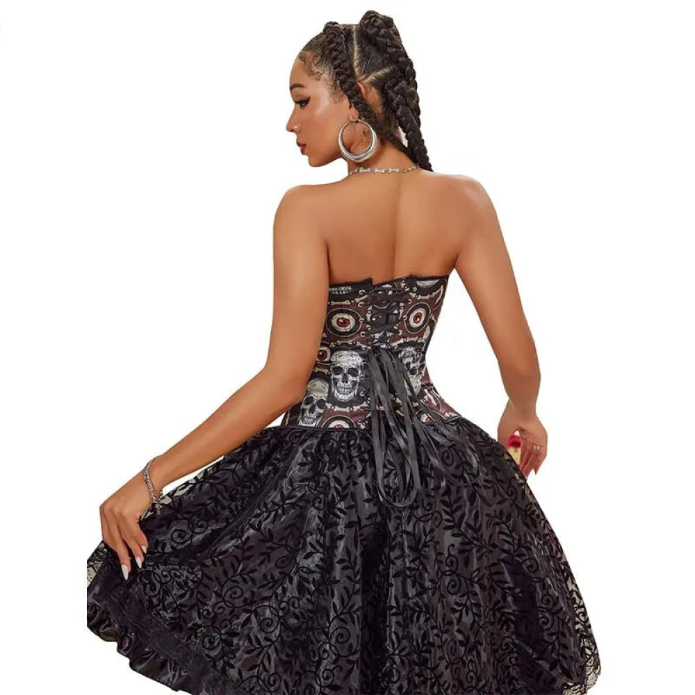 Skull Print Gothic Corset Front Busk Closure Lace Up Boned Plus Size Xs-Xl - S 5