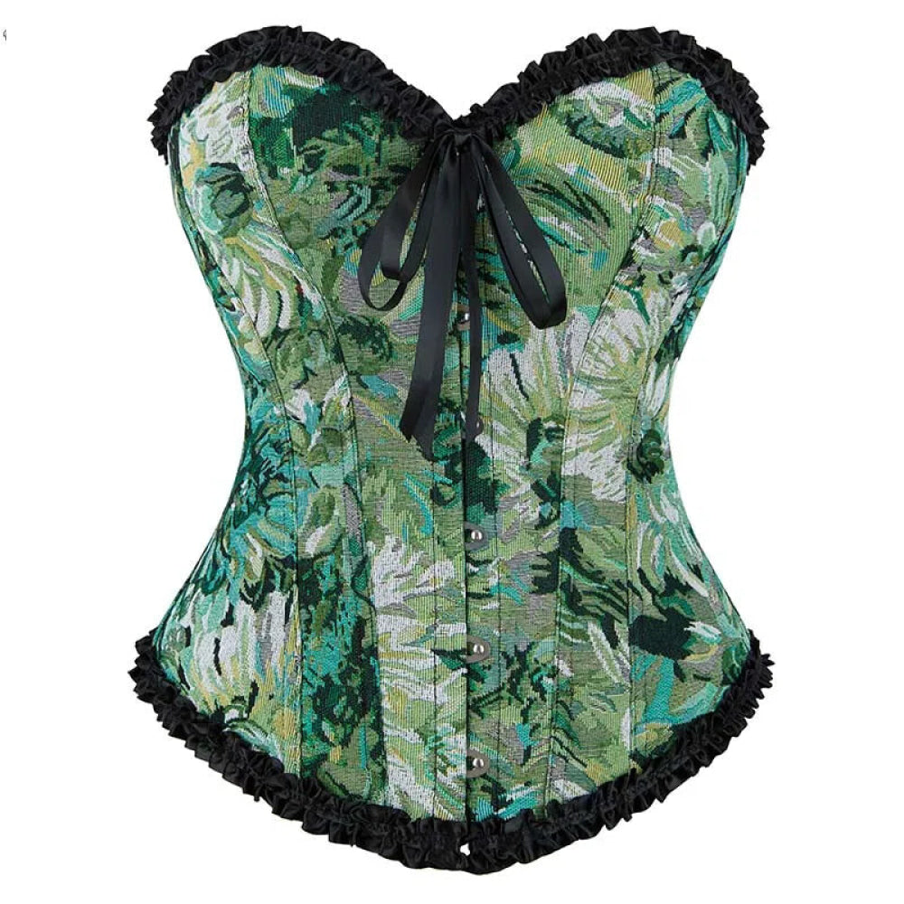 Ruffled Lace Trim Boned Corset Top Green Renaissance Christmas Lingerie - L 6