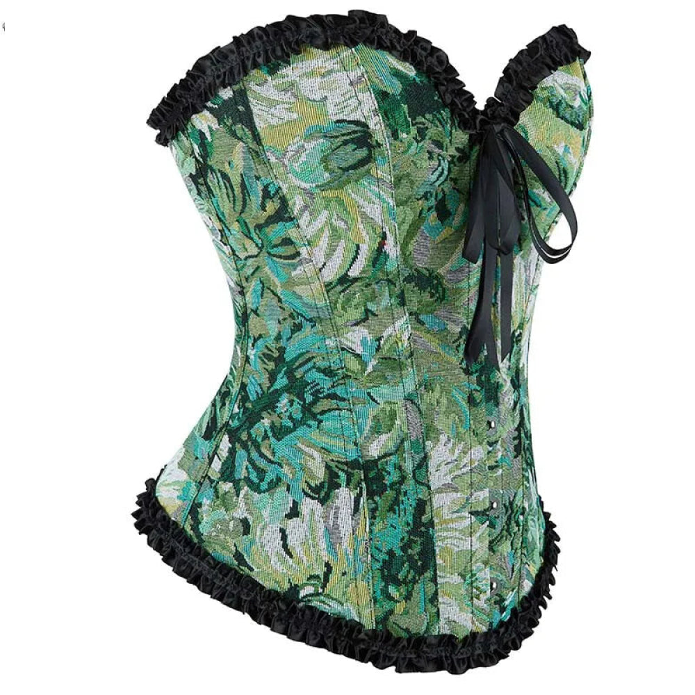 Ruffled Lace Trim Boned Corset Top Green Renaissance Christmas Lingerie - Xs 7