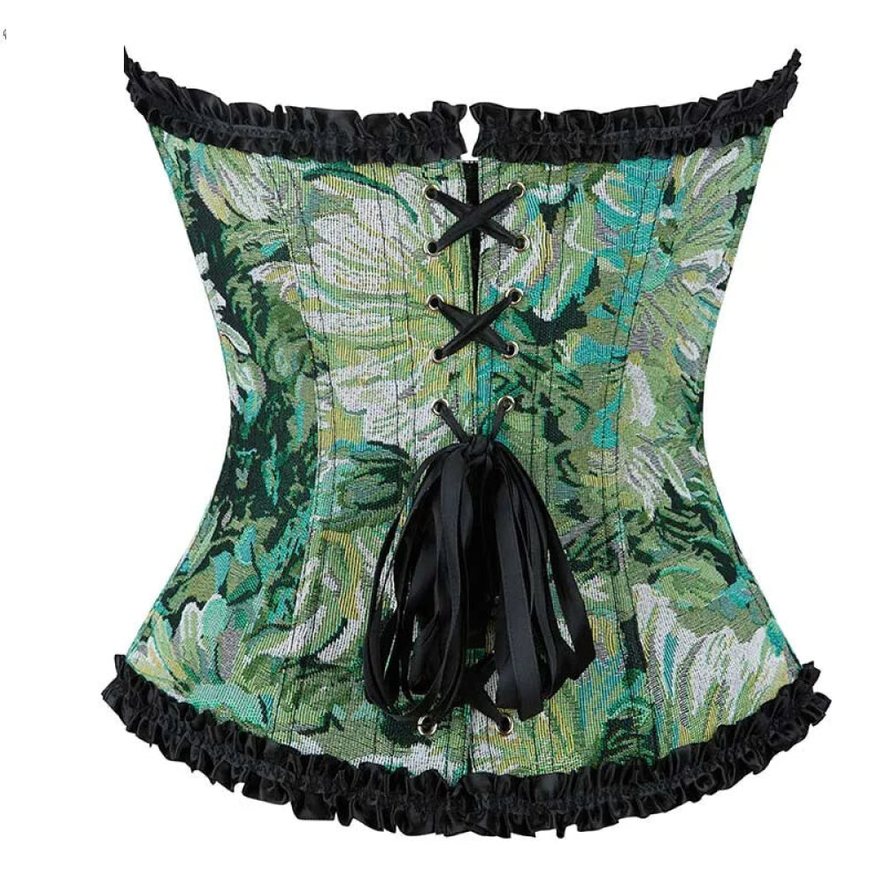 Ruffled Lace Trim Boned Corset Top Green Renaissance Christmas Lingerie - Xs 8
