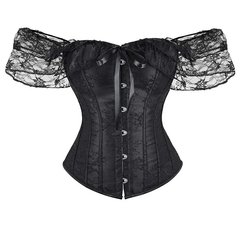 Floral Lace Corset With Off Shoulder Sleeves Plus Size S-6Xl Bow Tie Chest Biner Bustier Top In Black - Xl