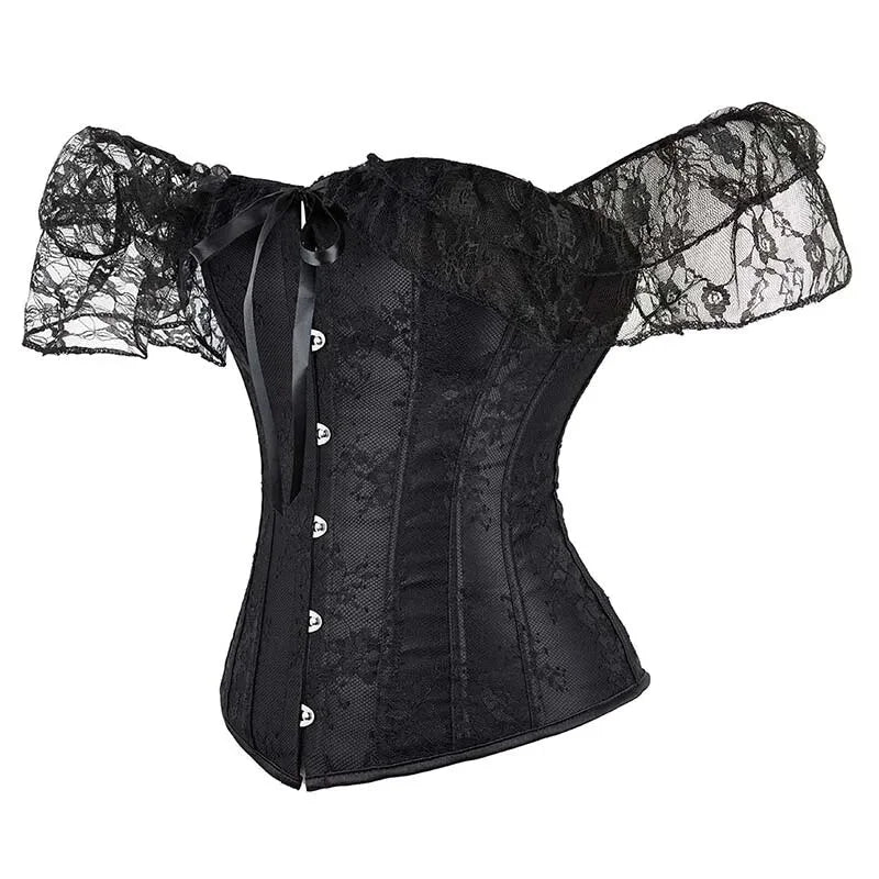Floral Lace Corset With Off Shoulder Sleeves Plus Size S-6Xl Bow Tie Chest Biner Bustier Top In Black - Xl 4