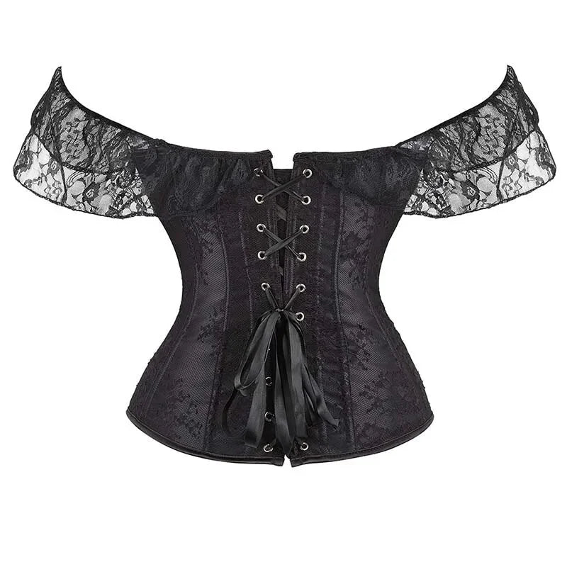 Floral Lace Corset With Off Shoulder Sleeves Plus Size S-6Xl Bow Tie Chest Biner Bustier Top In Black - Xl 5