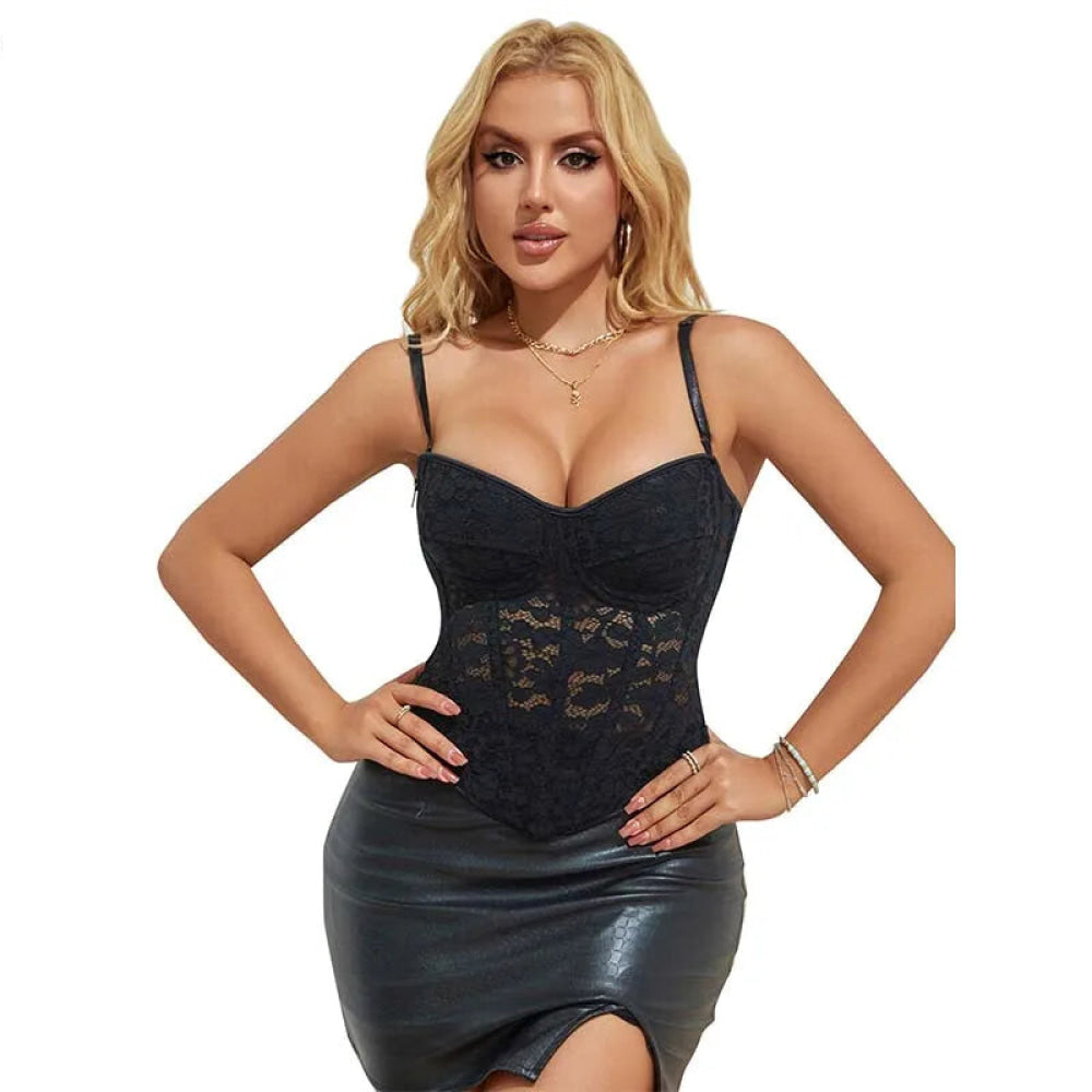 Adjustable Fishbones Spaghetti Strap Corset With Floral Lace Overlay Plus Size Xs-Xxxl - Xl
