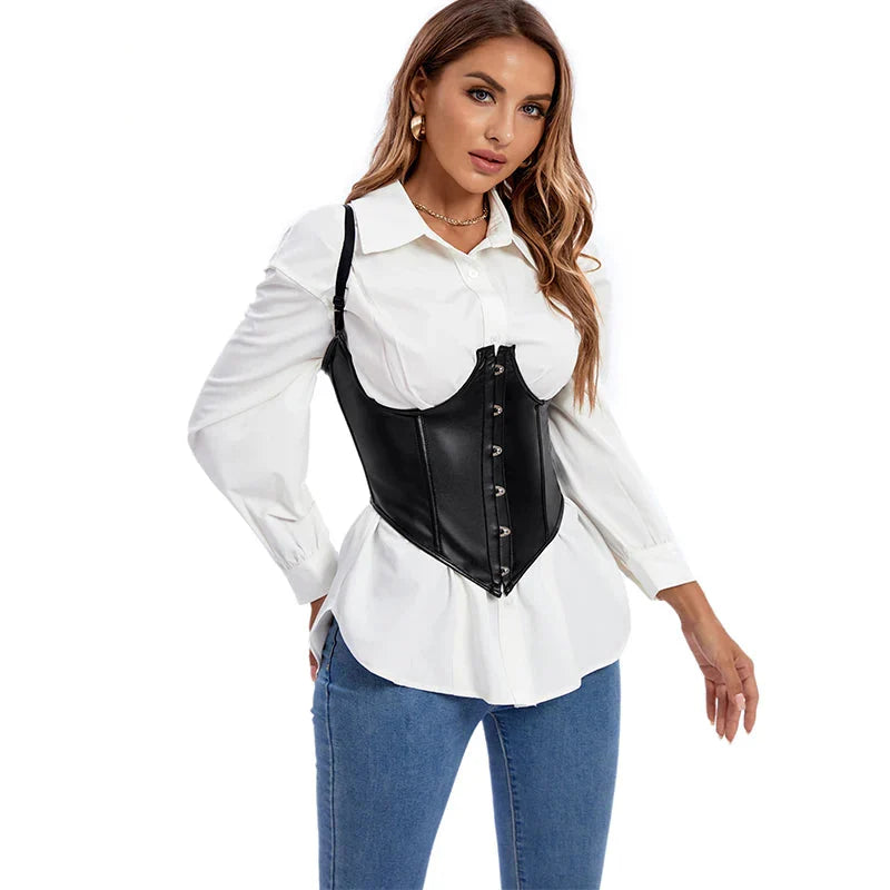 Plus Size Black Leather Corset Waist Trainer Vest With Strap 10 Plastic Bones S-6Xl - Xxxl 7