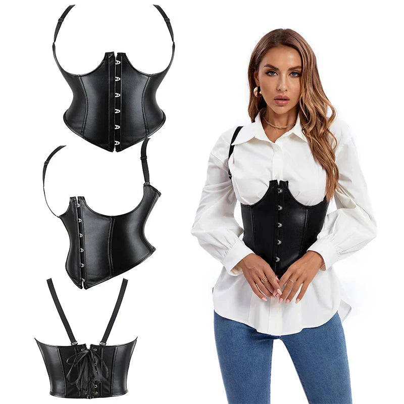 Plus Size Black Leather Corset Waist Trainer Vest With Strap 10 Plastic Bones S-6Xl - 6Xl 8
