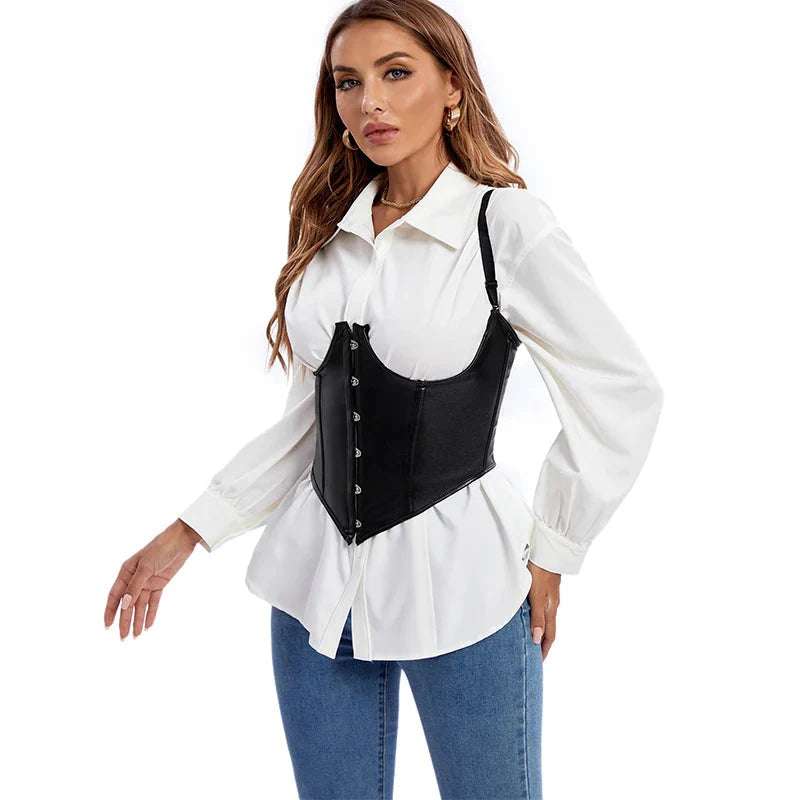 Plus Size Black Leather Corset Waist Trainer Vest With Strap 10 Plastic Bones S-6Xl - 5Xl 4